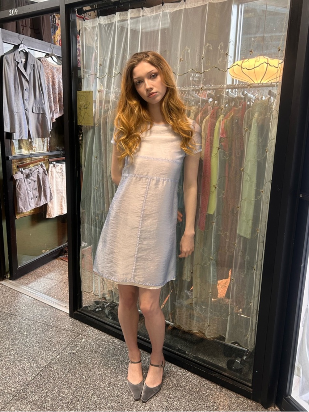 ▪️sold▪️vintage light blue sheer short sleeve mini dress made in paris - Picture 3 of 8